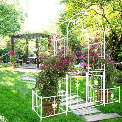 Metal Garden Arbor Arch with Gate and Plant Box, 86.6" H Heavy Duty Garden Trellis with Butterfly Decor for Outdoor Climbing Plants Support, Cream White