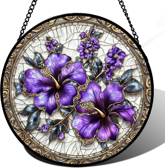 Stained Glass Window Hanging, Purple Flowers Romantic Suncatcher for Doors Home Sun Catchers