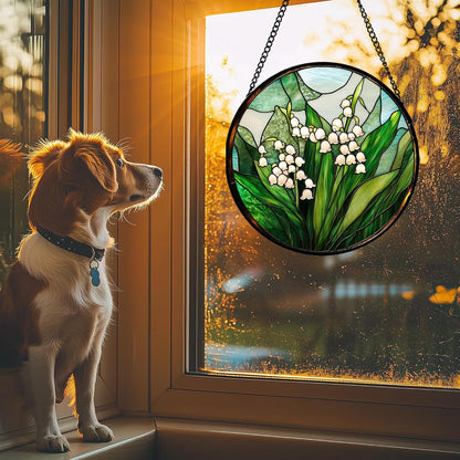 Stained Glass Window Hanging - White Green Lily of The Valley Suncatcher for Doors Garden Terrace Plant Sun Catchers Decor Mother's Day Birthday Flowers Gifts for Women Men Mom 7.8 in