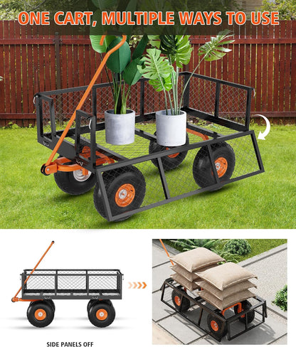 GarveeLife Heavy Duty Steel Garden Cart, 500 LBS Capacity 3 in 1 Pullable Garden Wagon with 10 in Wheels, for Gardening Soil, Tools, and Plant Transport