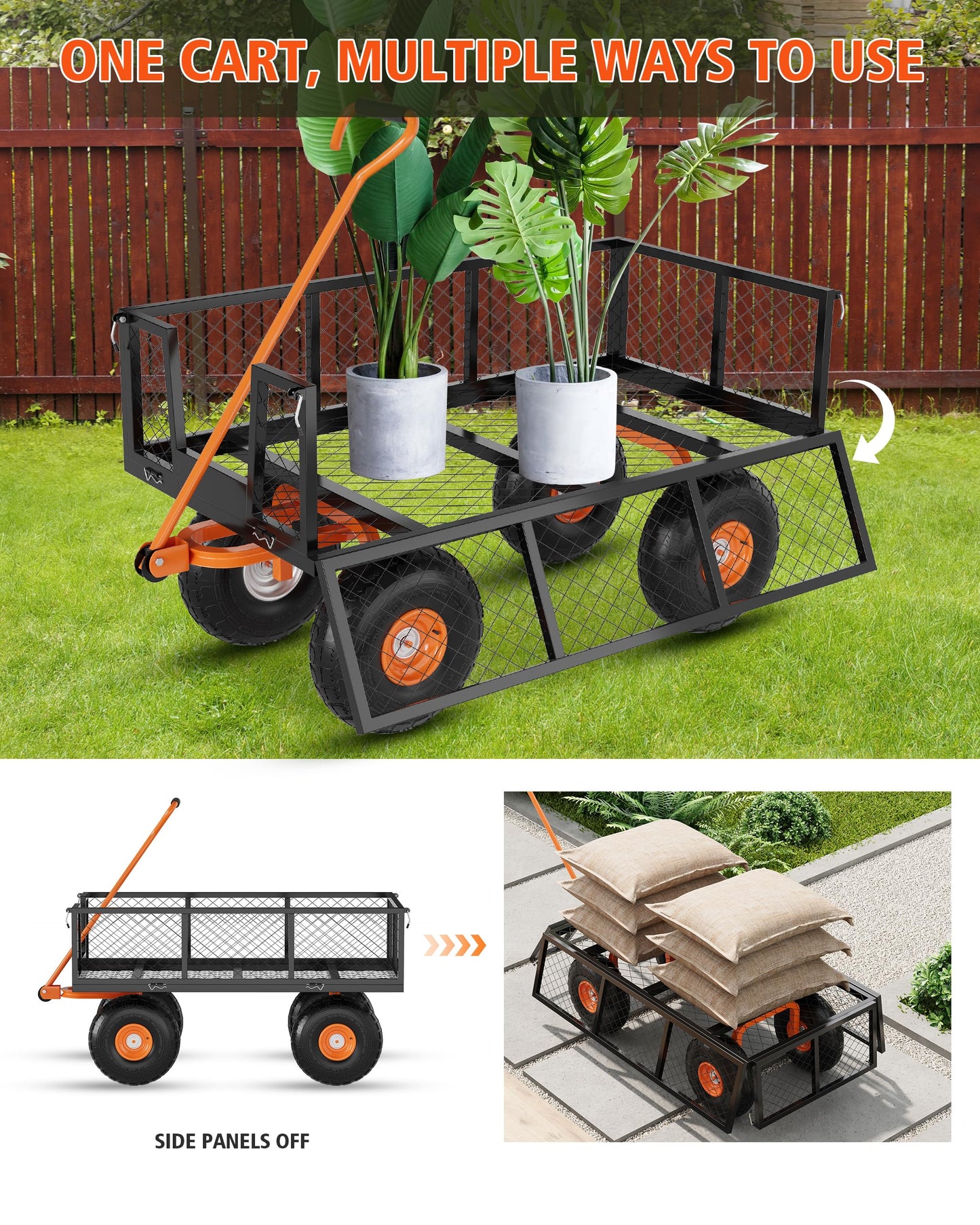 GarveeLife Heavy Duty Steel Garden Cart, 500 LBS Capacity 3 in 1 Pullable Garden Wagon with 10 in