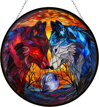 Art Nouveau Wolf Couple Stained Glass Window Hanging by Clare Donovan, Stained Glass Suncatcher for Women, Window Decor Perfect Home Décor