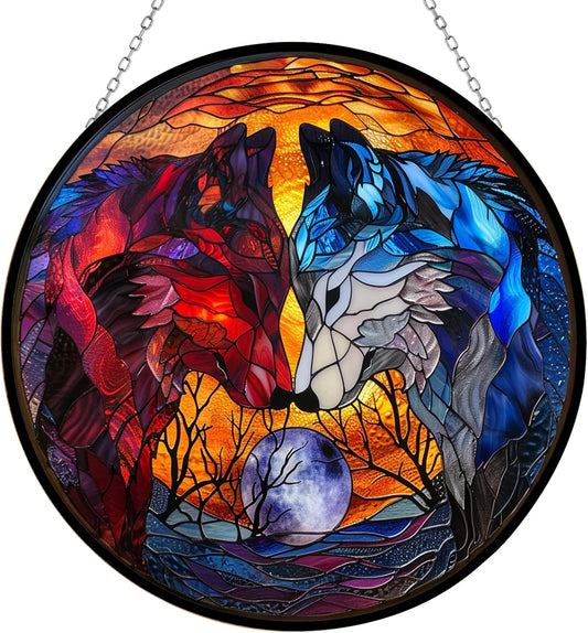Wolf Couple Stained Glass Window Hanging by Clare Donovan, Stained Glass Suncatcher for Women