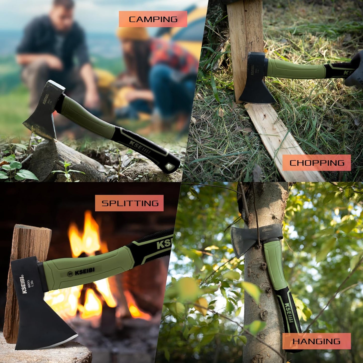 KSEIBI Hatchet with Sheath, Camping Axe for Splitting and Kindling Wood, Forged Steel Blade with Anti-Slip and Shock Reduction Handle Great Throwing Hatchets (Sausalito Green)