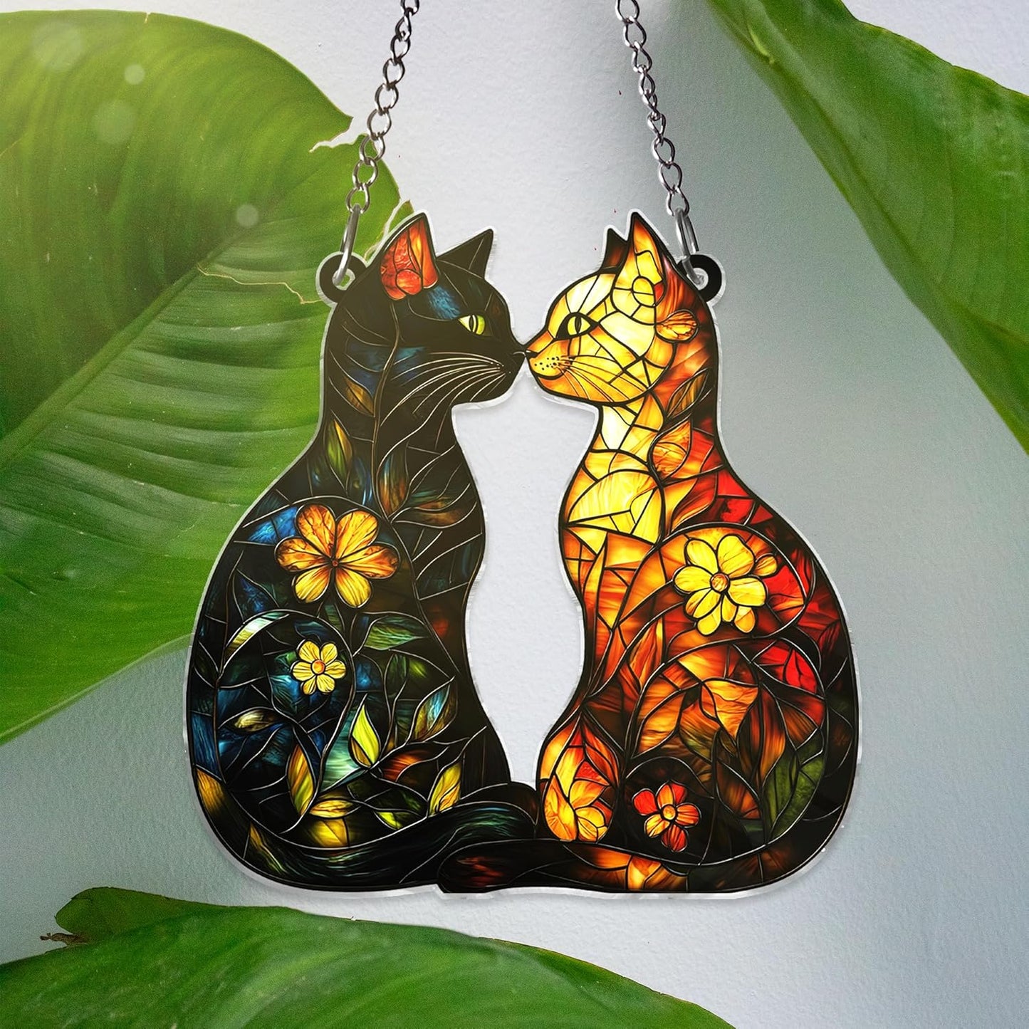 Cat Suncatcher – Acrylic Window Hanging of Two Cats in Love, Romantic Floral Cats Decor, Gift for Cat Lovers, Mom, Couple, Anniversary, Black Orange Cat's, Home Decoration (Sun-31)