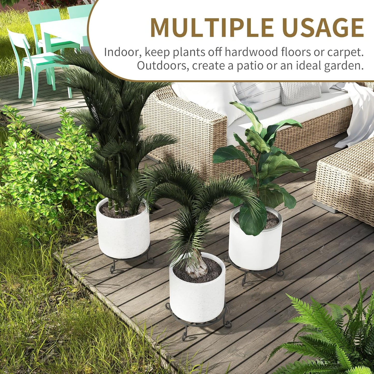 2 Pack 10” Diameter Metal Outdoor Plant Stand Indoor, Black Heavy Duty Potted Holder, Round Anti-Rust Wrought Iron Flower Planter Pot Display Stands for Home Garden