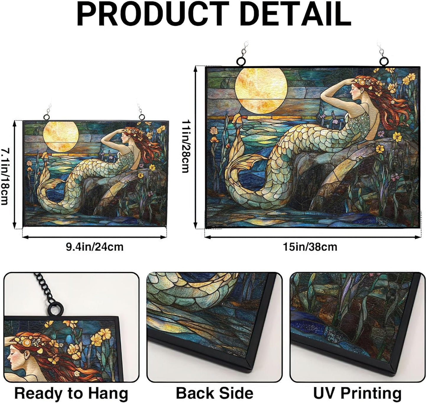 Rectangle Art Nouveau Moonlit Mermaid Stained Glass Sun Catcher, Wall Hanging Colored Decor Room Outdoor Window Decor, Halloween, Christmas Hanging Ornament Mother Day