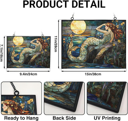 Rectangle Art Nouveau Moonlit Mermaid Stained Glass Sun Catcher, Wall Hanging Colored Decor Room Outdoor Window Decor, Halloween, Christmas Hanging Ornament Mother Day