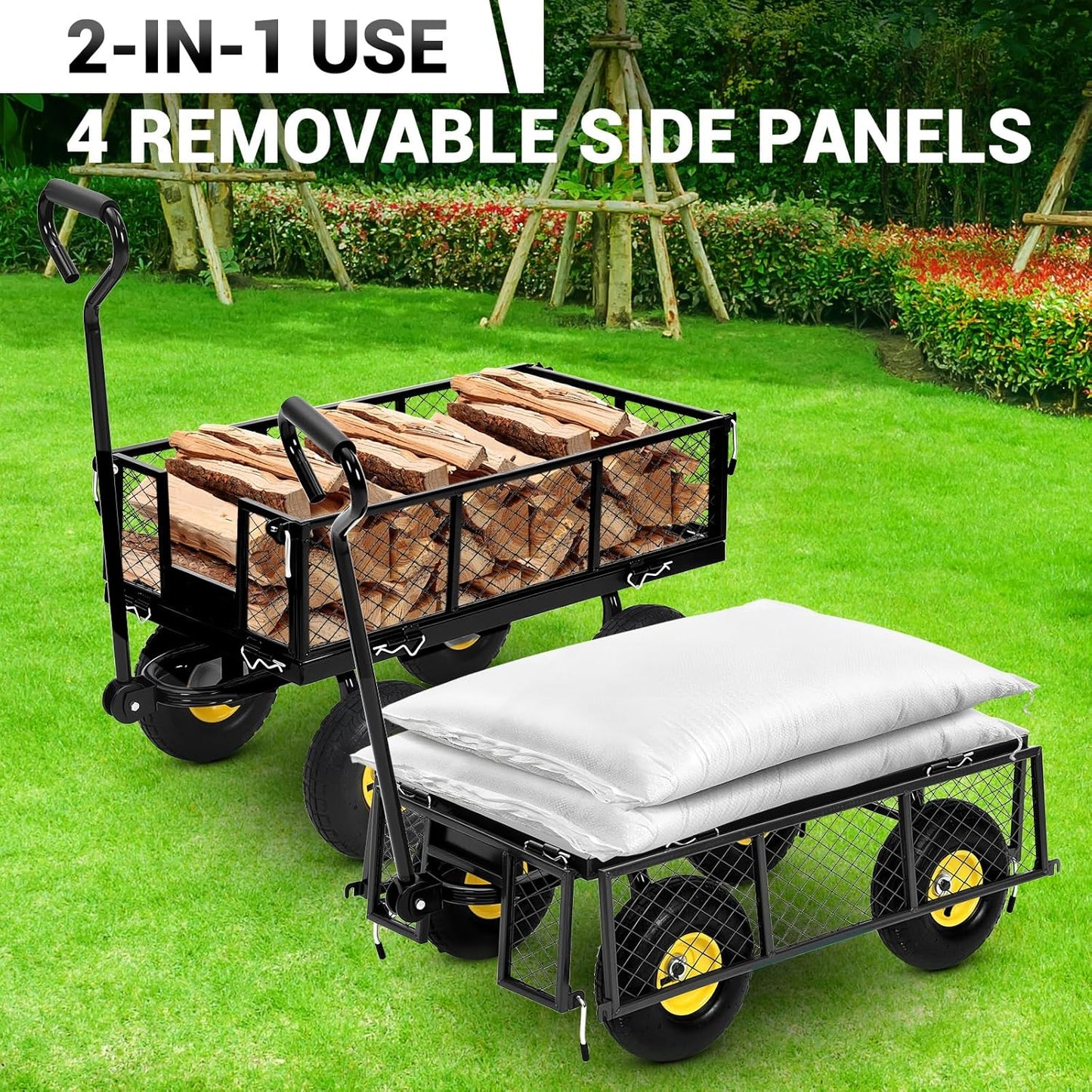 Steel Garden Cart on Wheels, 880 LBS Pullable Metal Garden Wagon, 180° Rotating Handle and Removable Sides for Outdoor, Farm, Yard, Beach