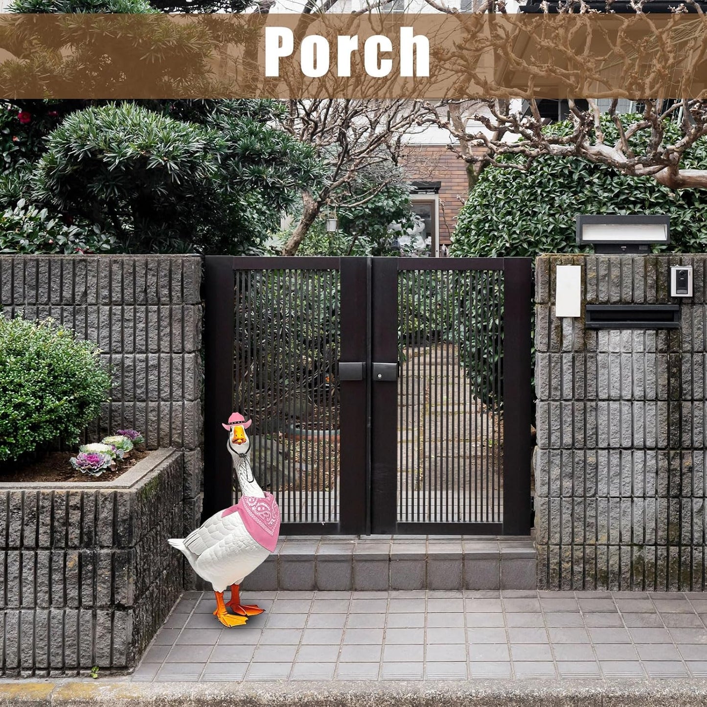 Porch Goose Outfits Western Cowboy Style, Lawn Cement Goose Clothes Outfits for Cement Goose Includes Adjustable Cowboy Hat and Scarf for 23/17″ Outdoor Statue(Pink)