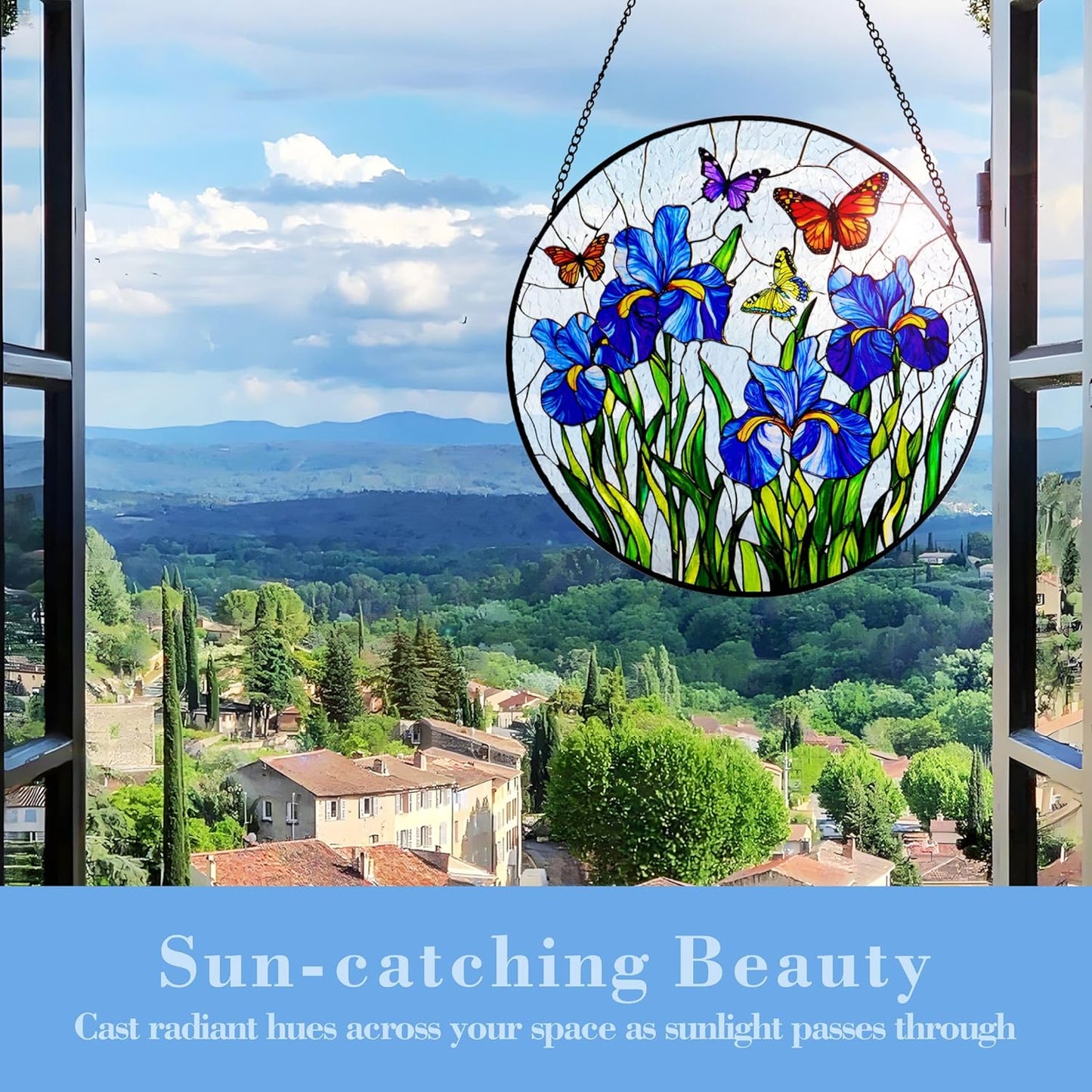 Stained Glass Window Hanging Iris Flower Suncatcher, Renyalora 10 Inch Round Glass Sun Catcher for Window Outdoor Garden Decor Butterfly Wall Art for Home, Patio, Porch Gift for Nature Lovers & Women