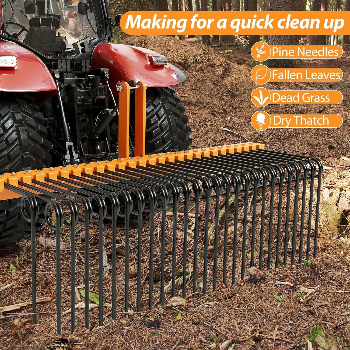 72" Durable Powder Coated Steel Pine Straw Rake, Steel Spring Landscape Rake for Leaves, Pine Needles, Straw, and Grass Attaches to Cat 0 Cat 1,3 Point Hitch Tractor, Yellow