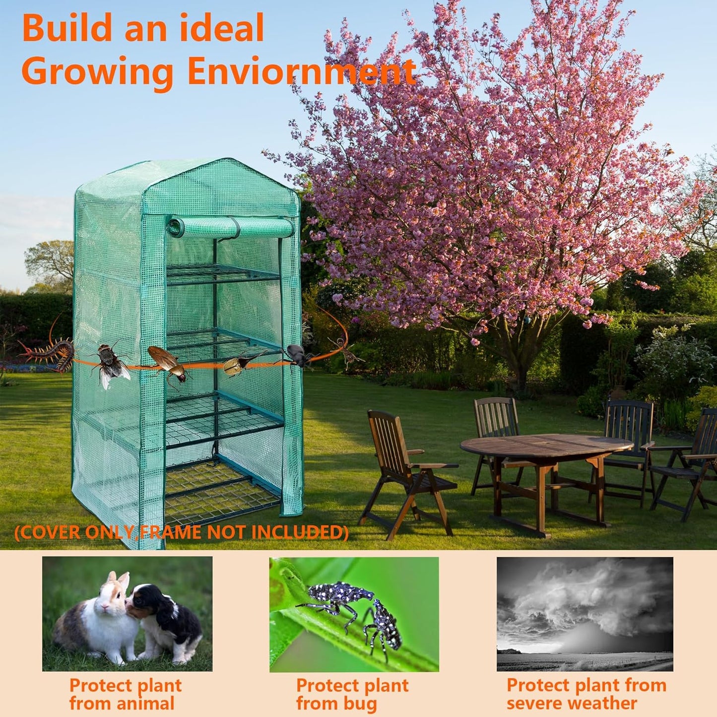 Greenhouse Replacement Cover with Roll-Up Zipper Door PE Plant Gardening Greenhouse Cover for Gardening Plant Frost Protection Wind Rain Proof Greenhouse Cover (Fit for 27×19×63 Inches (Green))