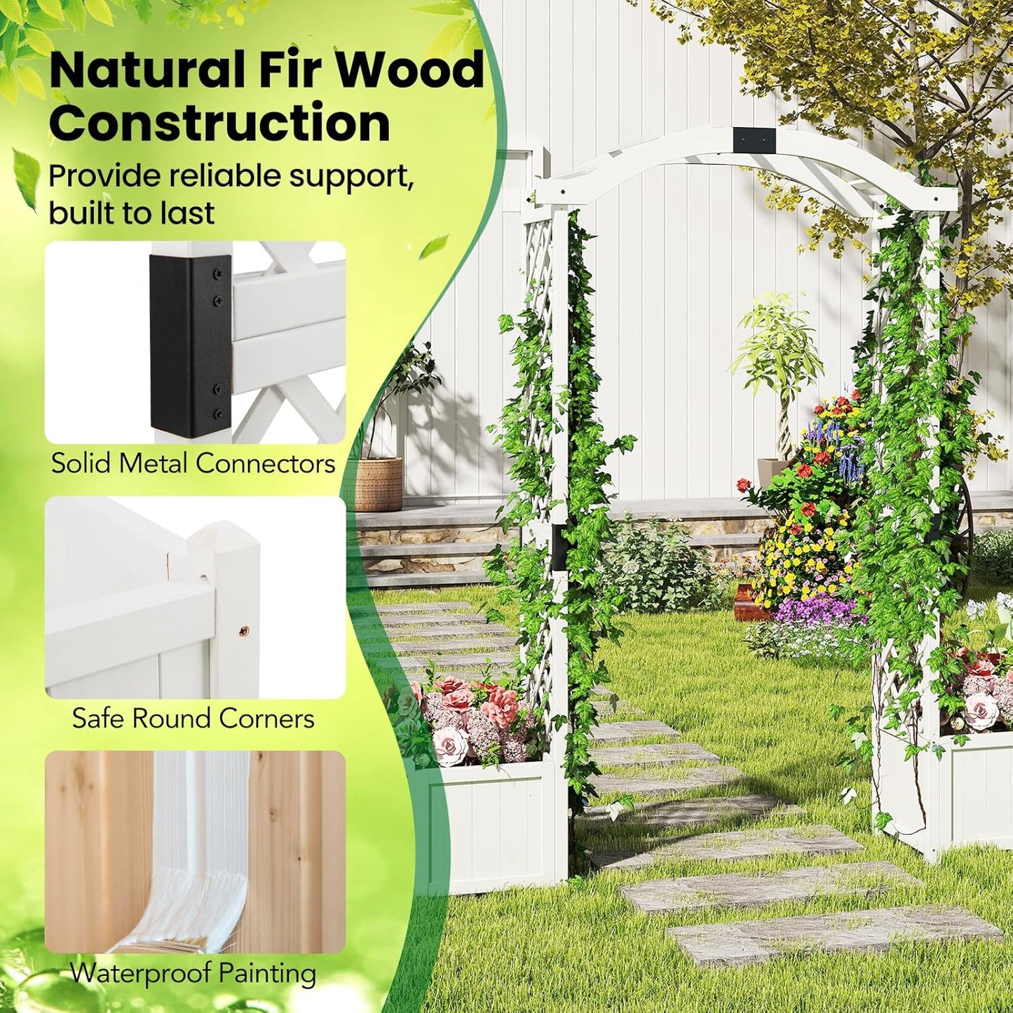 Happygrill Garden Arbor with Planter Boxes, Outdoor Wedding Arch with Trellis for Climbing Plants Vine Vegetables Herbs, Wooden Arbor Archway for Ceremony, Party (White)