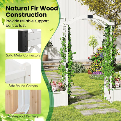 Happygrill Garden Arbor with Planter Boxes, Outdoor Wedding Arch with Trellis for Climbing Plants Vine Vegetables Herbs, Wooden Arbor Archway for Ceremony, Party (White)