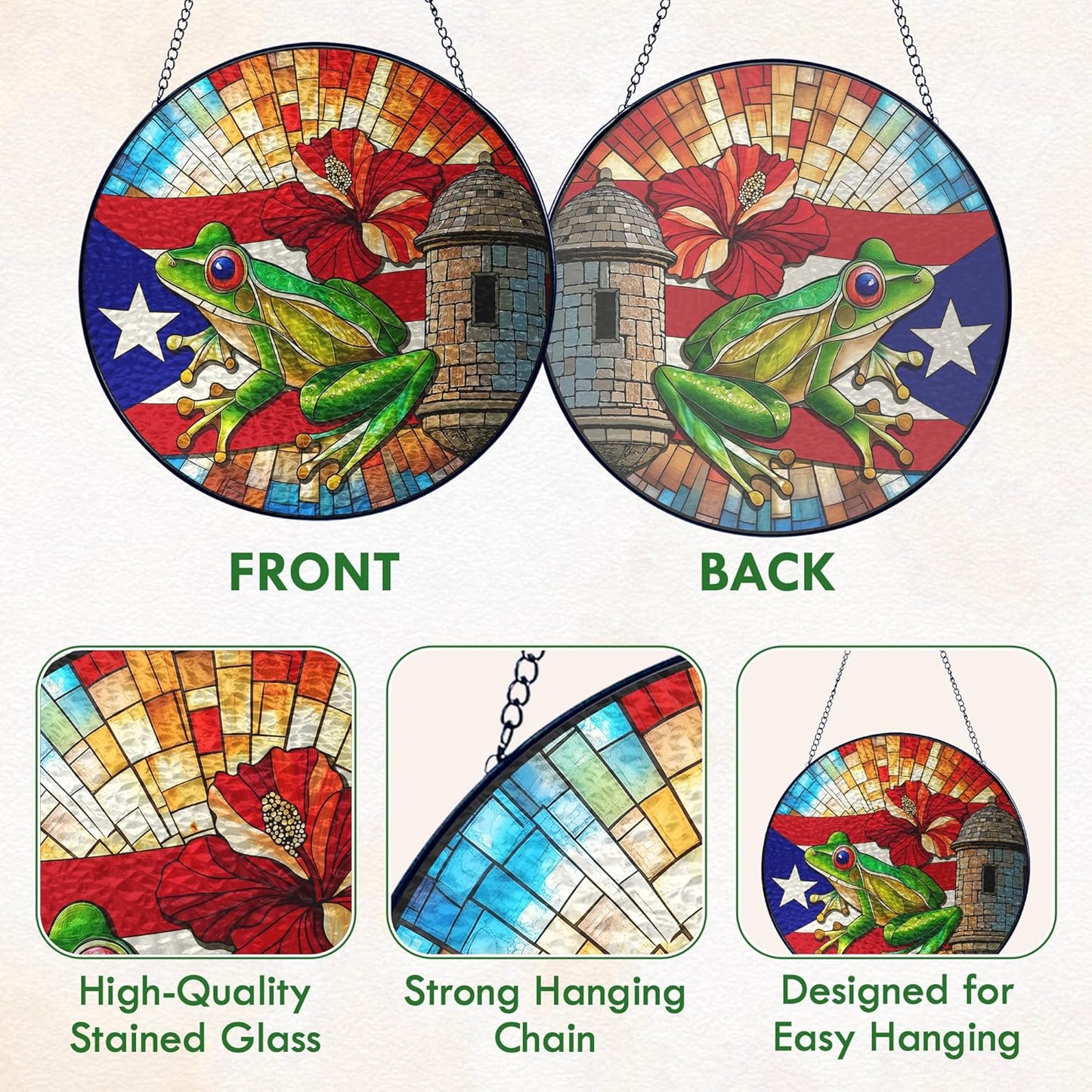 FLAGWIX Christmas Puerto Rico Gifts - Stained Glass Window Hanging 8 in - Puerto Rican Gifts for Women Men, Coqui Sun Catchers Indoor, House Warming Gift for Mom Dad Friend, Christmas Decorations