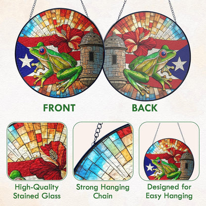 FLAGWIX Christmas Puerto Rico Gifts - Stained Glass Window Hanging 8 in - Puerto Rican Gifts for Women Men, Coqui Sun Catchers Indoor, House Warming Gift for Mom Dad Friend, Christmas Decorations