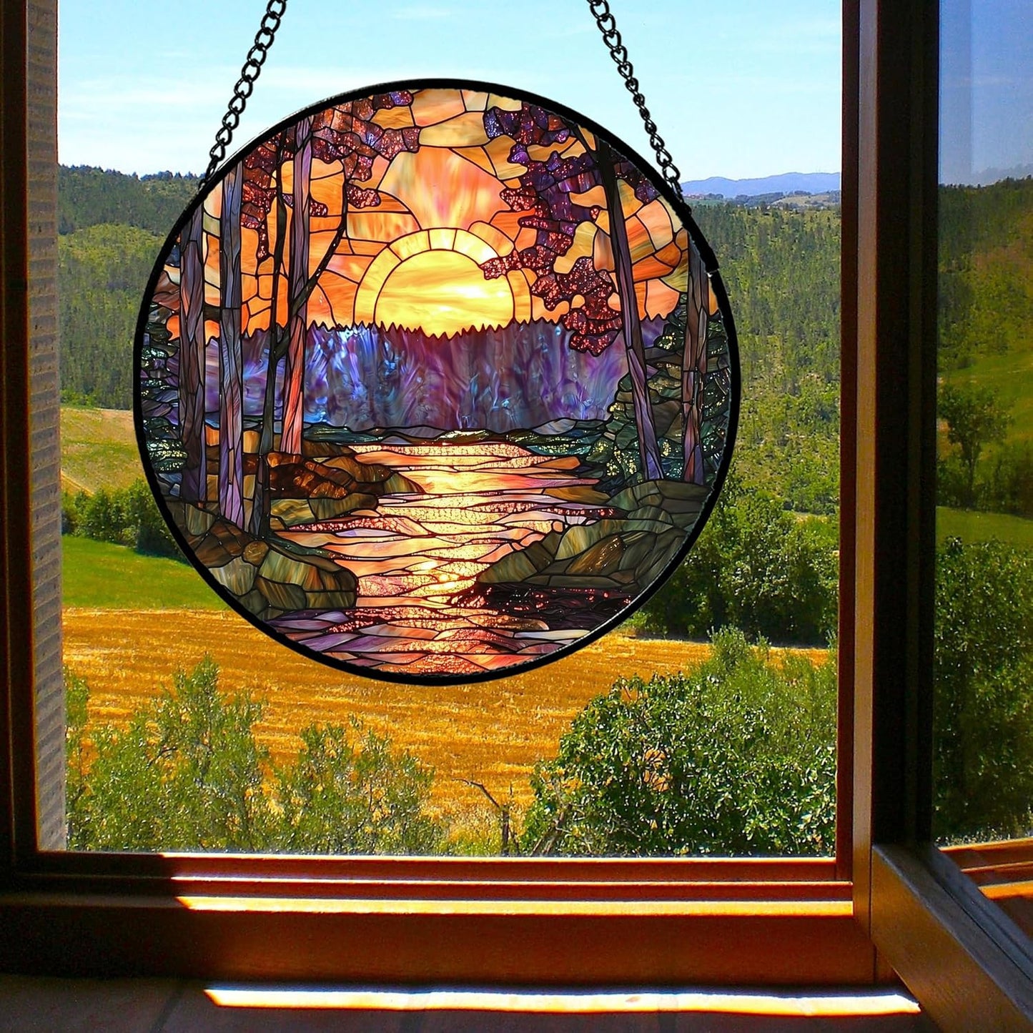 Stained Glass Window Hanging, Orange Landscape Green Purple Lake Forest Suncatcher for Doors Window Home Sun Catchers Decor Mother's Day Birthday Gifts for Women Men Mom 6.3 in