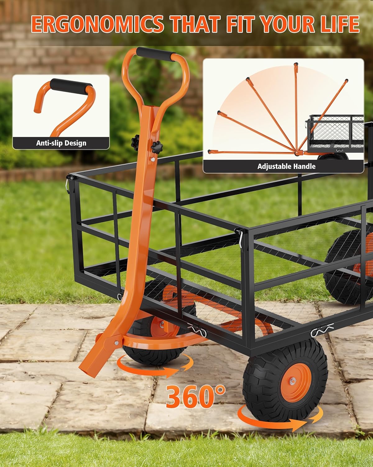 Metal Wagon - 1200lbs Garden Cart with 10" Multi-Terrain Tires, 4 Removable Mesh Sides & 180° Swivel Handle, Yard Wagon Cart for Lawn, Yard, Patio Gardening