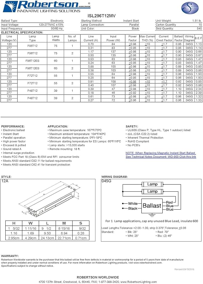 Robertson 2P20158 ISL296T12MV Pak of 10 Fluorescent eBallasts for 2 F96T12 Lamps, Instant Start