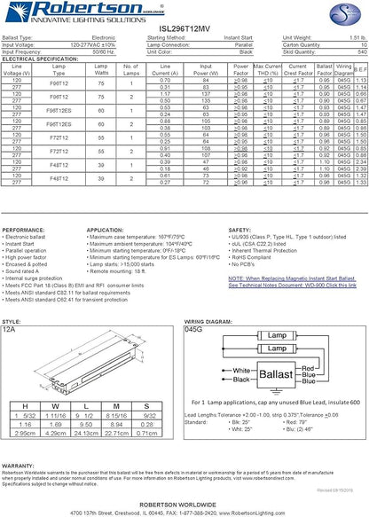 Robertson 2P20158 ISL296T12MV Pak of 10 Fluorescent eBallasts for 2 F96T12 Lamps, Instant Start