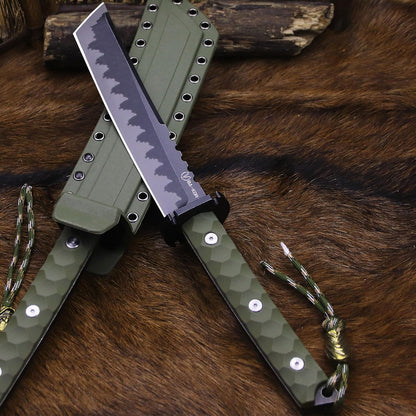 BA-KOR 15.8in Full Tang Japanese Style Outdoor Knife –8mm DC53 Steel, Nylon Fiber Handle &Sheath, Hunting Survival Knife+(5.9in) cerium igniter (Green handle and black blade (8mm))