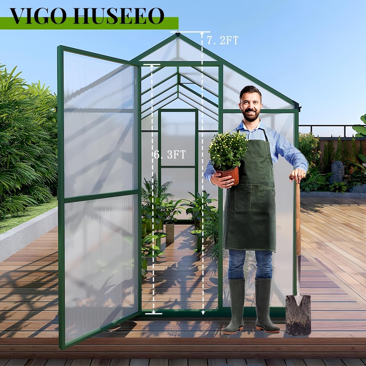 72*96in Greenhouse for Outdoors, Polycarbonate Greenhouse with Stronger Wind Protection and Roof Vent, Walk-in Large Aluminum Sunroom Winter Proof, Green