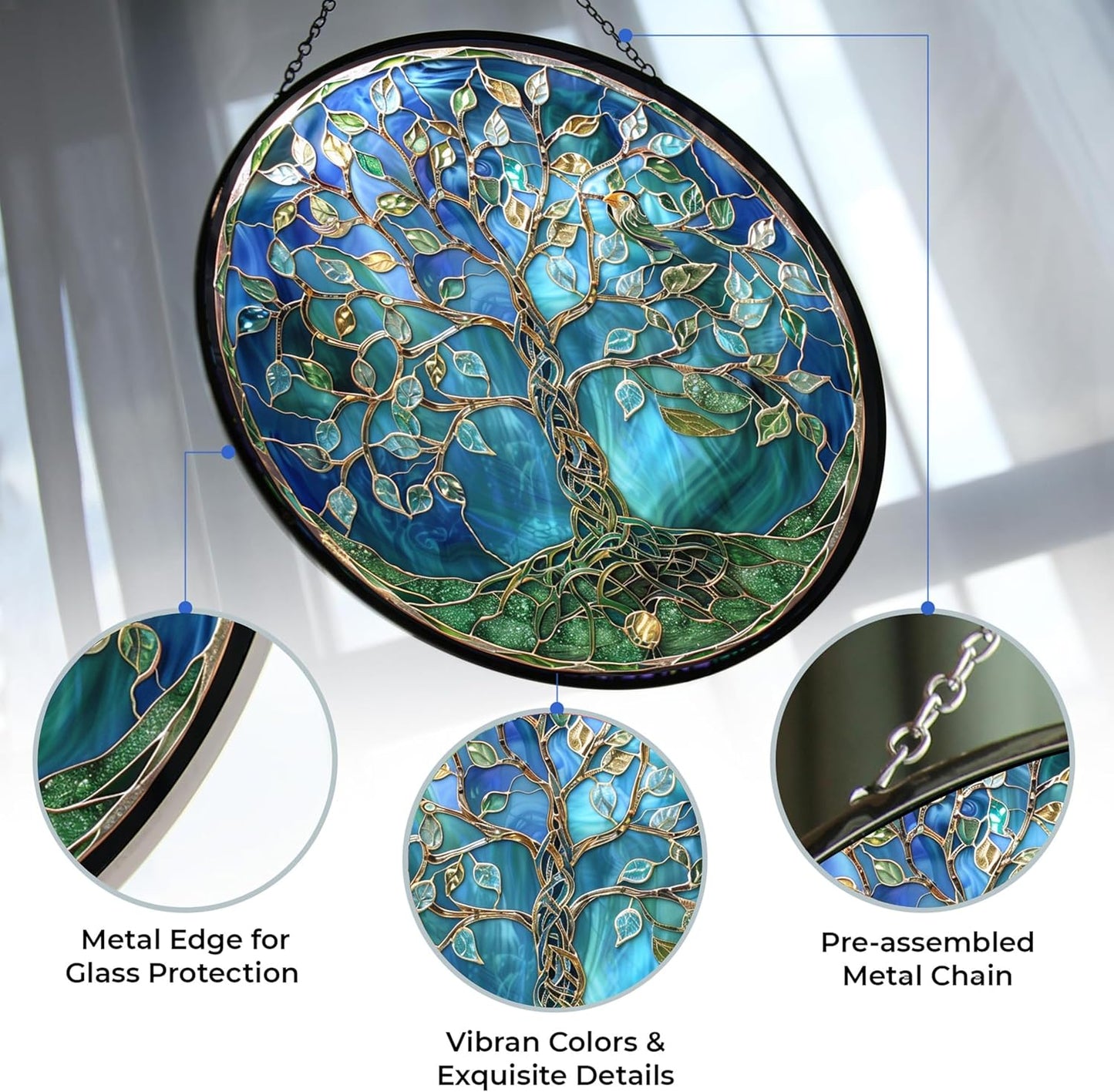 Tree of Life Stained Glass Window Hangings, Handcrafted Stained Glass Suncatchers, Gift for Cat Lovers Nature Lovers