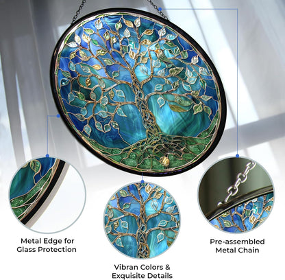 Tree of Life Stained Glass Suncatcher Window Hanging, Gothic Christmas Ornaments for Fiction Lovers, Dinosaur Room Decor for Nursery New Home Gifts