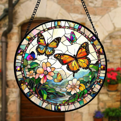 Stained Glass Window Hanging, Butterflies Flying in The Sky Suncatcher for Doors Home Sun Catchers Decoration and Christmas, Mother's Day Birthday Gifts for Women, Men, and Mom 7.8 in