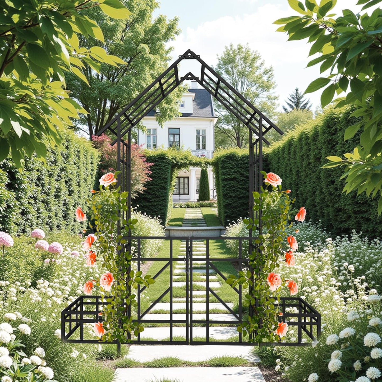 Metal Garden Arch with Gate and Planter 97.24" H Garden Arbor Trellis Climbing Plants Support Rose Arch Outdoor Lawn Wedding Party Events Archway, Black