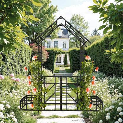 Metal Garden Arch with Gate and Planter 97.24" H Garden Arbor Trellis Climbing Plants Support Rose Arch Outdoor Lawn Wedding Party Events Archway, Black