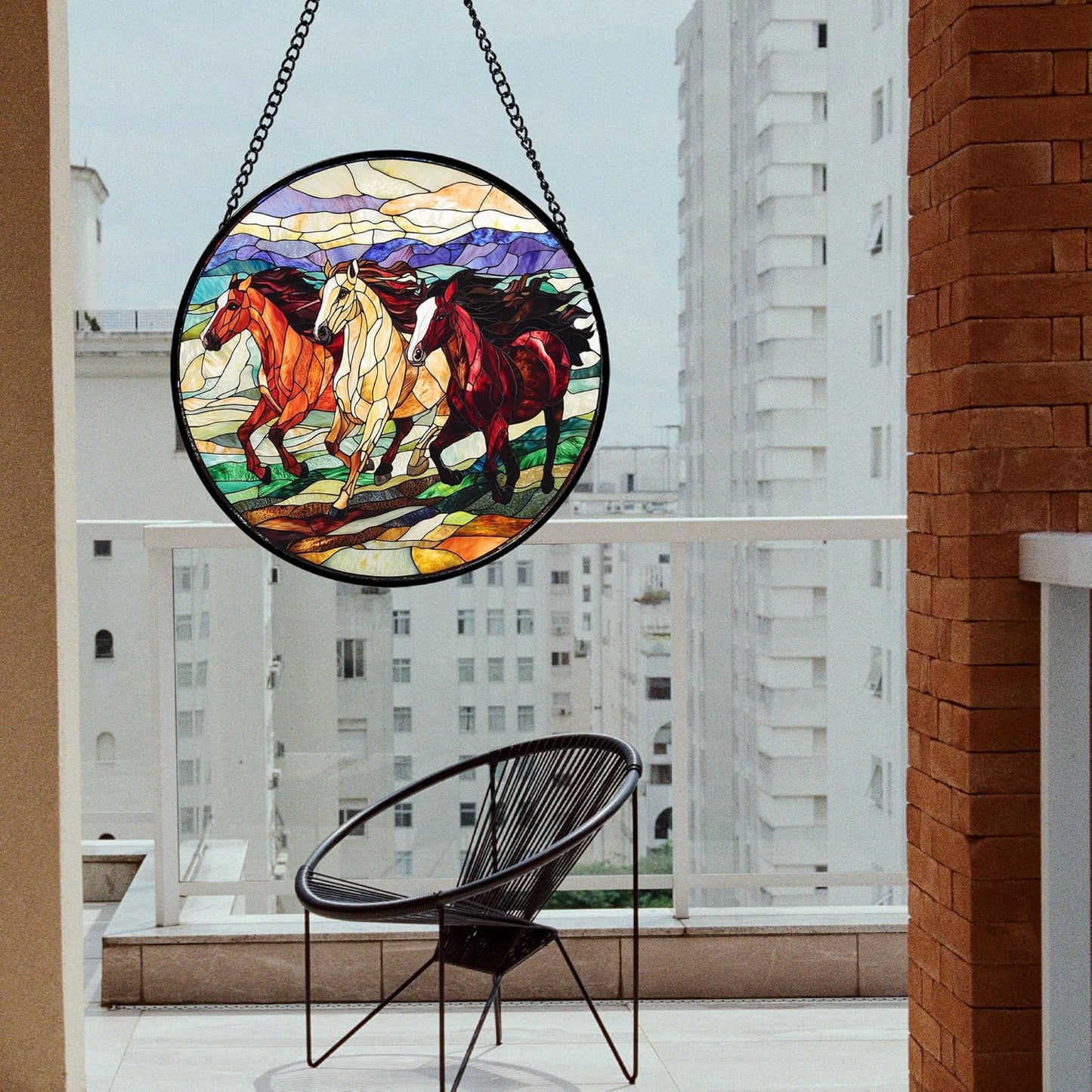 Stained Glass Window Hanging, Colorful Landscape Running Horse Suncatcher for Doors Window Home Sun Catchers Decoration Mother's Day Birthday Gifts for Women, Men, and Mom 7.8x7.8 in