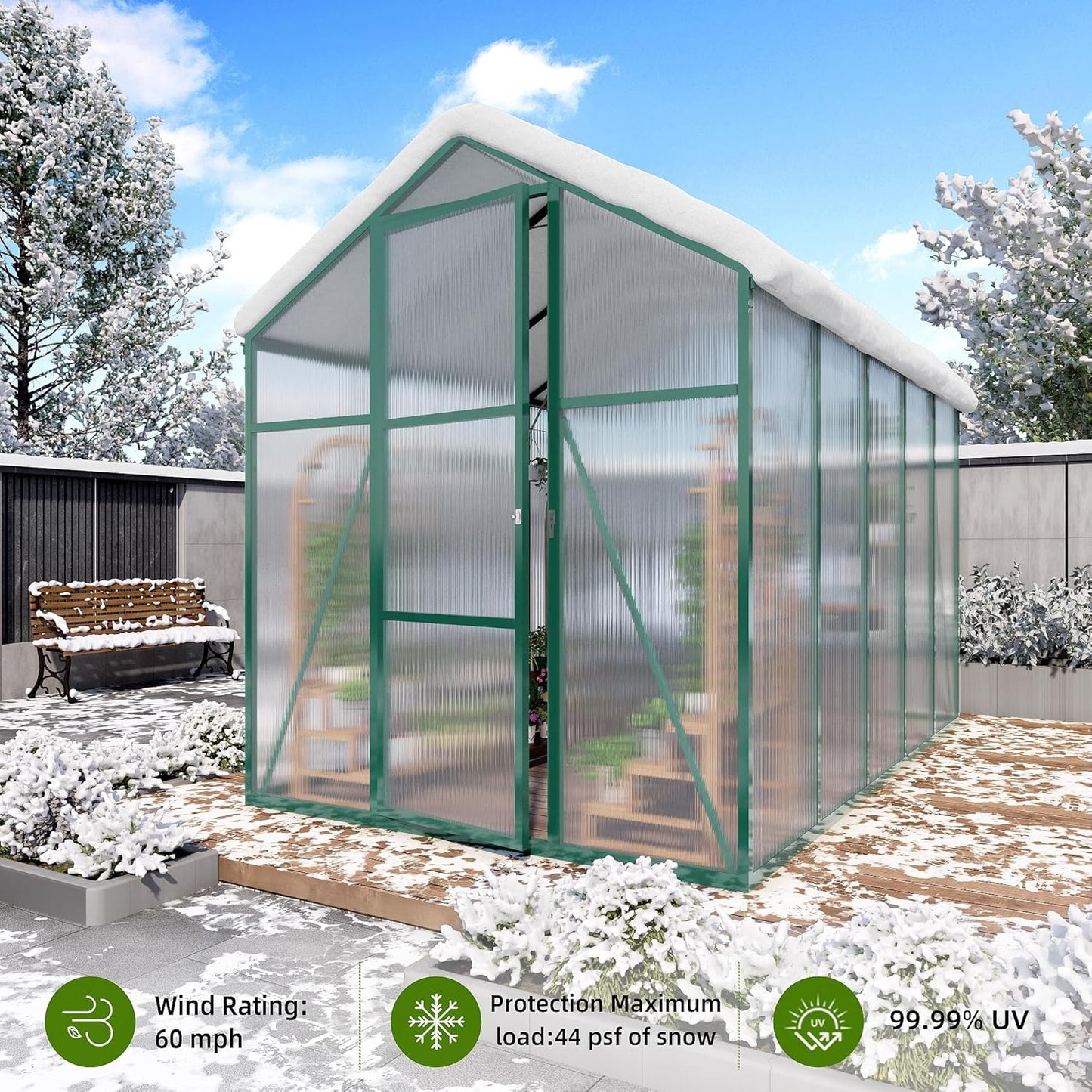 6*6.2*7.2FT Greenhouse for Outdoors, Polycarbonate Greenhouse with Stronger Wind Protection and Roof Vent, Walk-in Large Aluminum Sunroom Winter Proof, Green