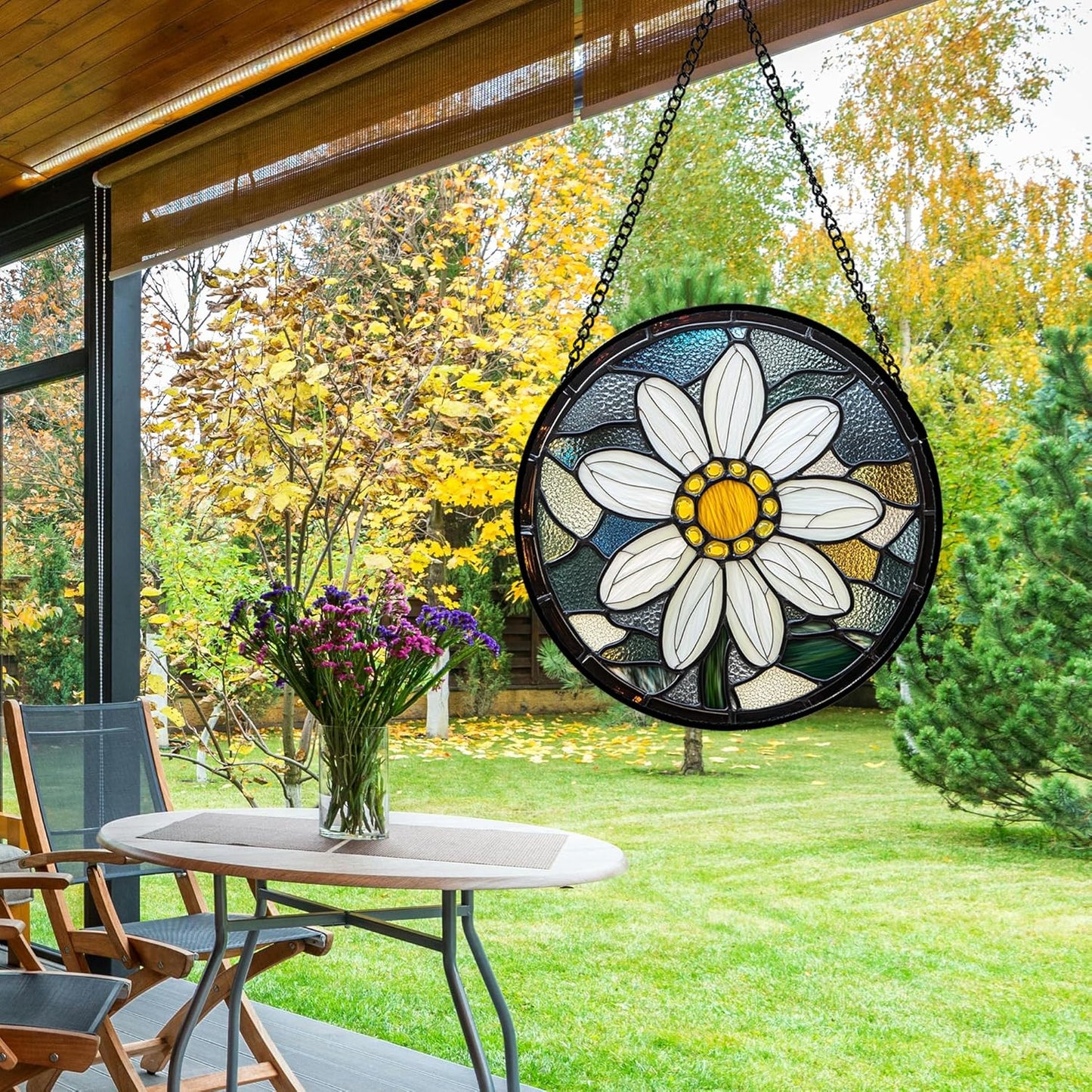 Stained Glass Window Hanging - Yellow White Daisy Birth Flower Suncatcher for Door Garden Yard Sun Catchers Decor Christmas Mother's Day Birthday Gifts for Teacher Women Mom Nana 6.3 in