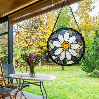 Stained Glass Window Hanging - Yellow White Daisy Birth Flower Suncatcher for Door Garden Yard Sun Catchers Decor Christmas Mother's Day Birthday Gifts for Teacher Women Mom Nana 11.8 in