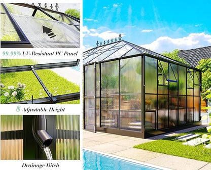 Jocisland 16x12x9.5 FT Polycarbonate Greenhouse- 6 FT Wall Height Outdoor Aluminum Greenhouses with 2 Ventilation and Rain Gutter, Double Doors with Hook, Walk-in Greenhouse for Backyard Garden