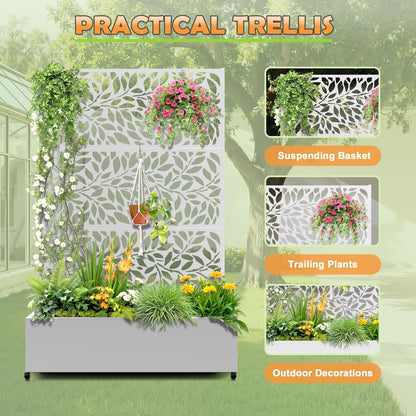 Metal Raised Garden Bed with Trellis, 2 in 1 Trellis with Planter Box & Privacy Screen for Climbing Plants, Vine, Outdoor Standing Flower Beds with Drainage Holes,47.2" L x 16.7" W x 70.8" H,(White)