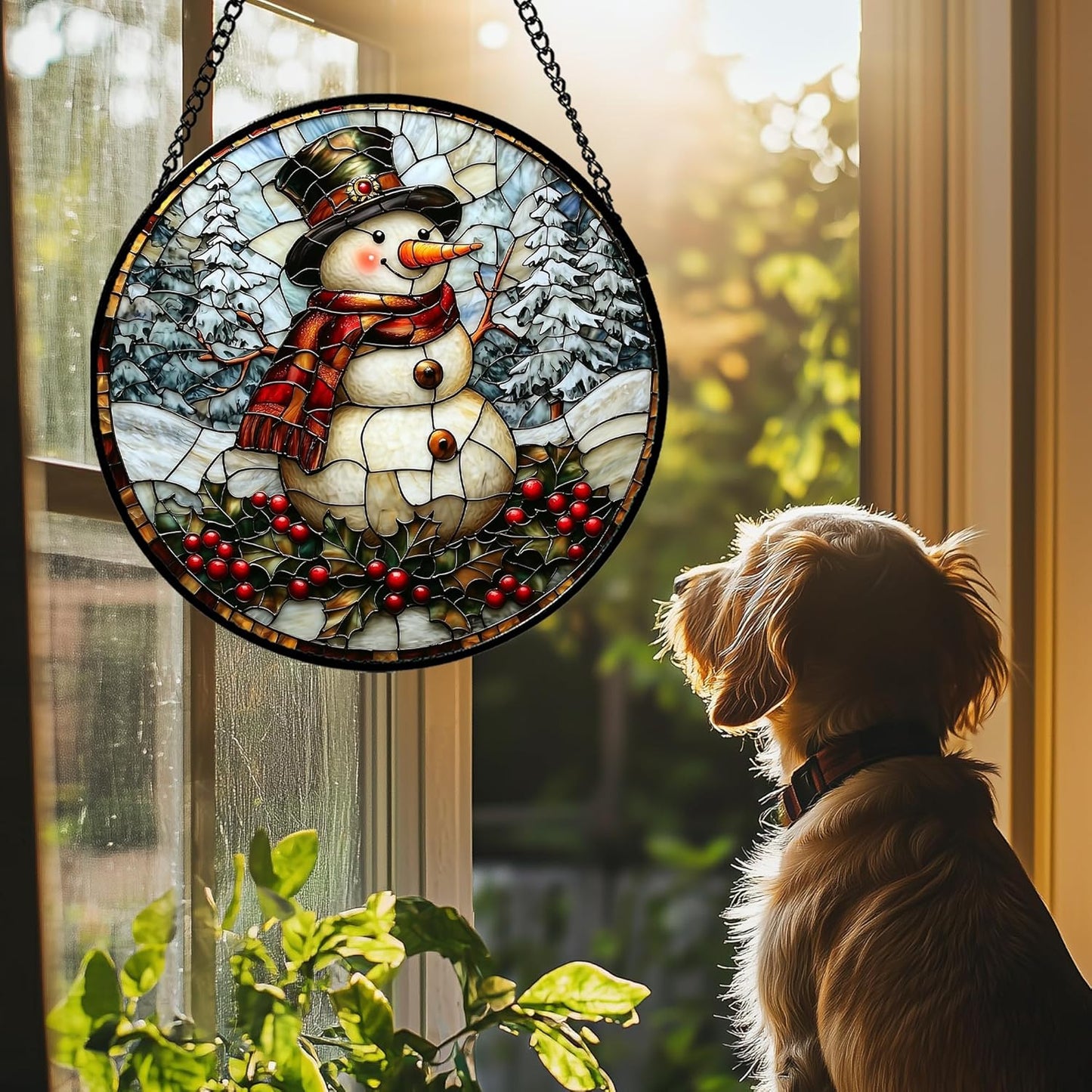 Stained Glass Window Hanging - Christmas Snowman Suncatcher for Door Terrace Garden Home Decor Winter Forest Snow Sun Catcher Birthday Gifts for Lovers Women Men Dad Mom Nana 15 in