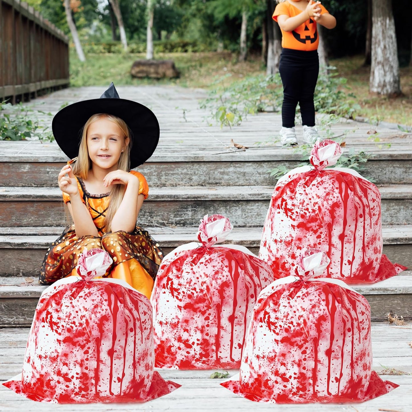 CNhoqc Halloween Lawn Leaf Bags - 8Pcs Halloween Bloody-Themed Thick Plastic Garbage Bags with Twist Ties, Fall Yard Leaf Trash Equiement, Reusable Plastic for Garden Outdoor Decorations Party Favor