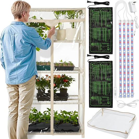 Carpathen Indoor Greenhouse with Grow Lights - 4 Tiers 27.2"L x 19.3"W x 54"H with 2 Dimmable 15W Full Spectrum LED Light Strips and Spectrum Control and Heat Mat - Mini Greenhouse with Zip PVC Cover