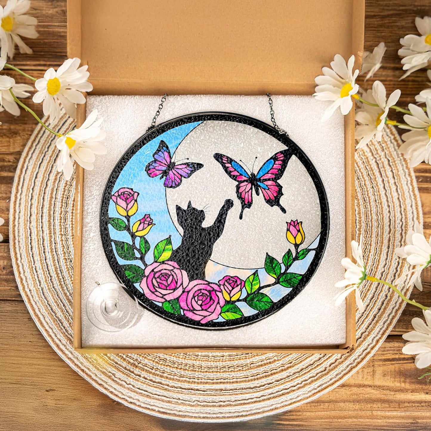 7.8" Cat Stained Glass Butterfly on Moon, Suncatcher Window Hanging, Suncatcher Garden Decor Housewarming, Gifts for Cat Lovers, Nature Lovers, Women, Mom, Friends PET-05D-SG8