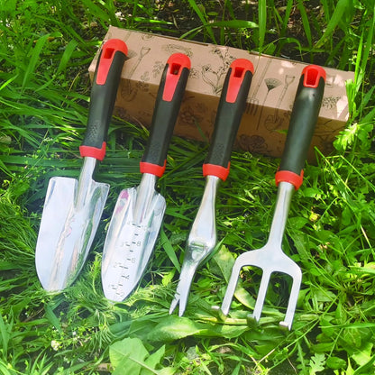 Garden Tools Set, 4 Piece Aluminum Hand Tool Kit with Ergonomic Handle, Heavy Duty Gardening Tools Include Hand Trowel, Transplant Trowel, Hand Rake and Weeder (Orange)