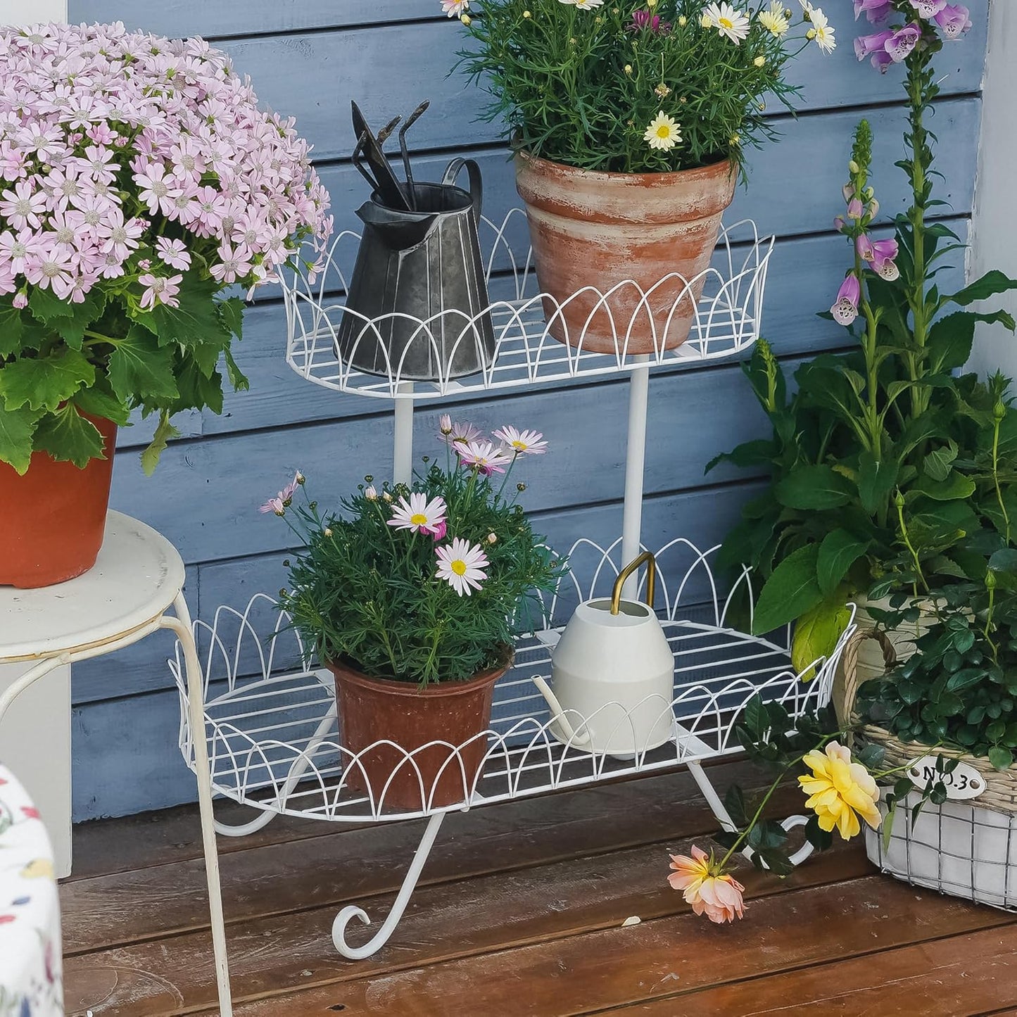 White Oval Plant Stand for Plants, French Provincial Side Table with Floral Accents, Low Indoor Greenery Display Shelf Garden Decor