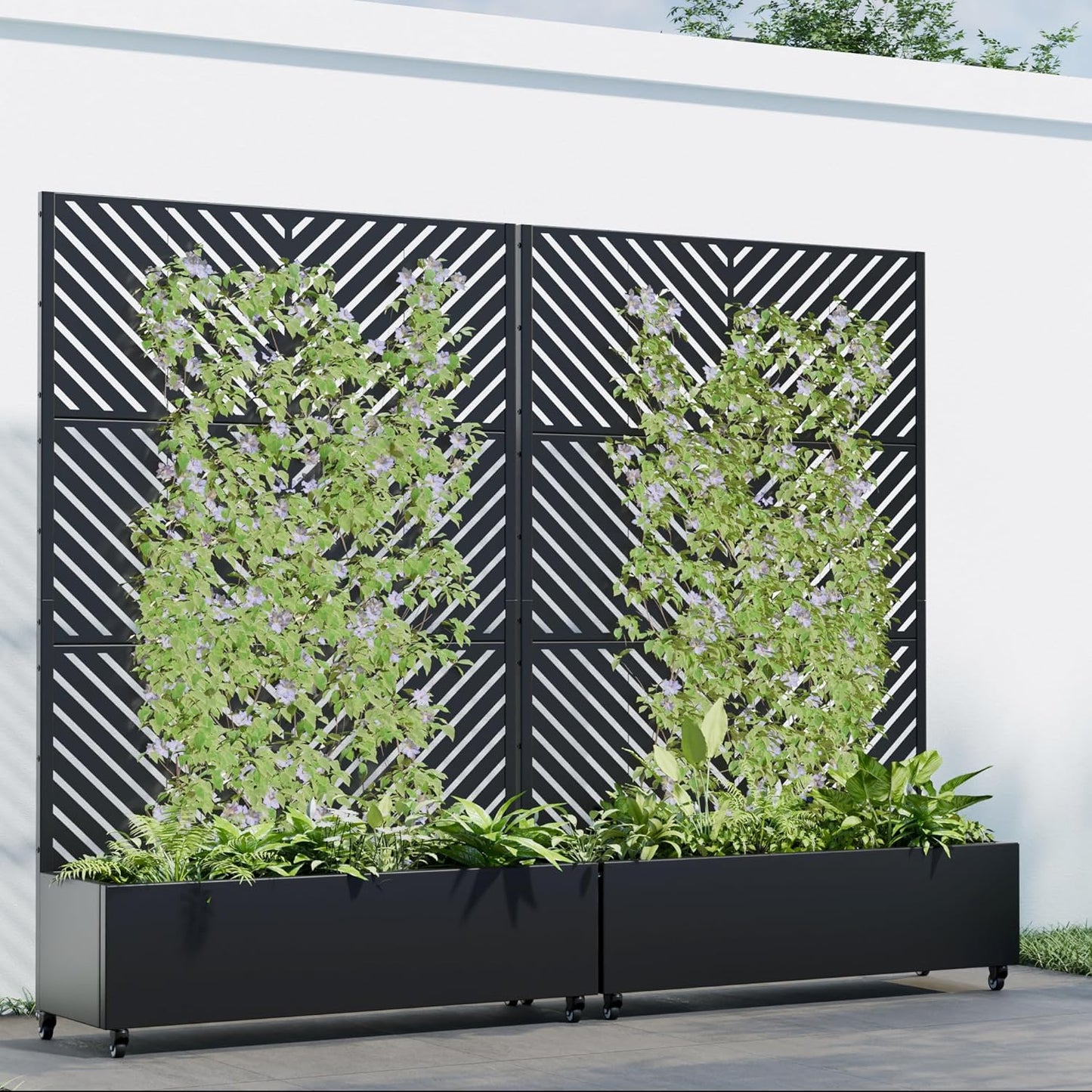 Casaphoria 72"x47" Metal Raised Garden Bed with Trellis(2 Pack), Outdoor Planter Box with Wheels & Drainage Holes for Climbing Plants, Flowers, Elevated Garden Kit with Privacy Screen, Black-Parallel
