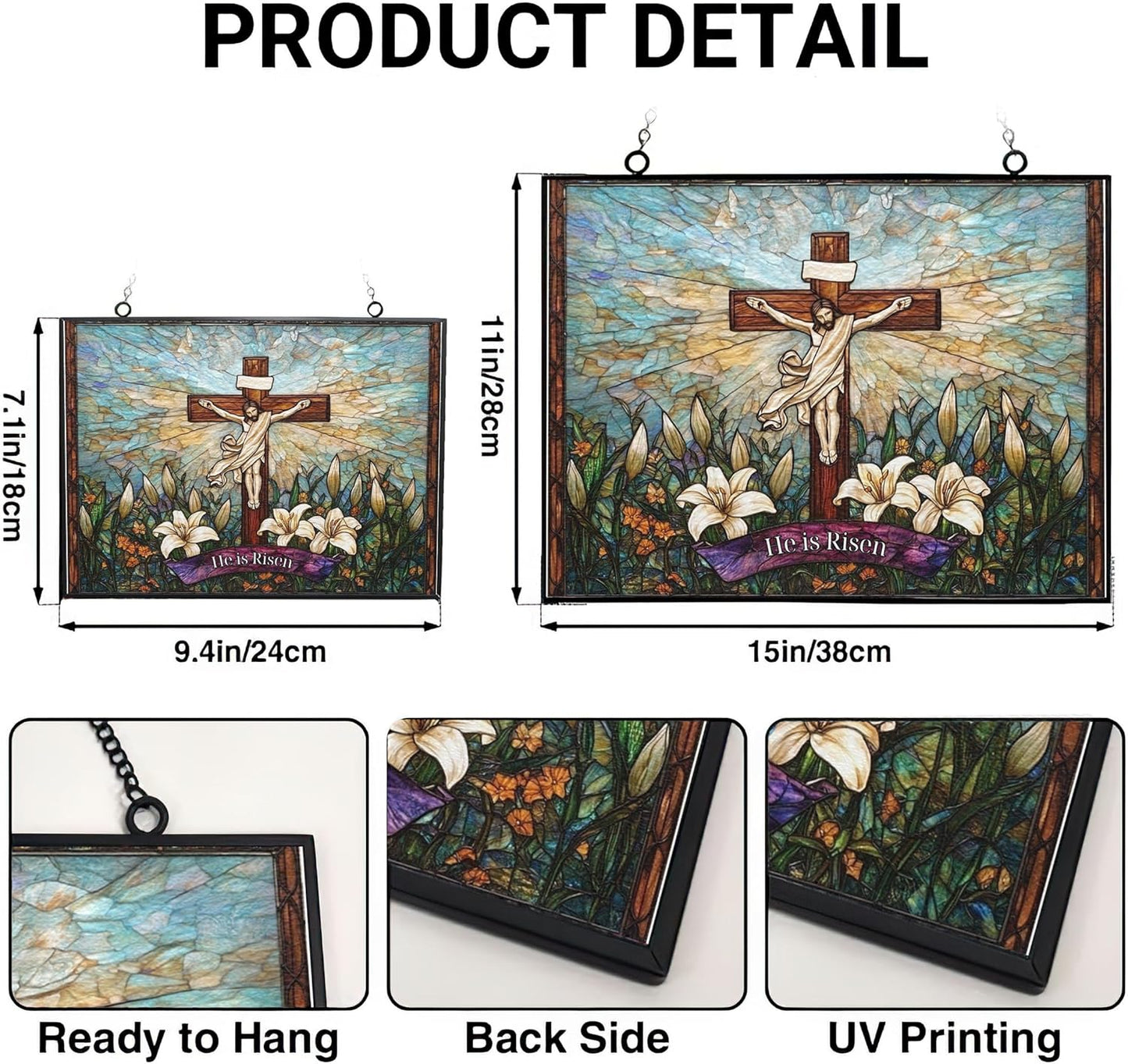 Personalized Rectangle He is Risen Suncatchers for Windows, Stained Glass Window Hangings,Hand-Painted Glass Panel Perfect for Home Décor