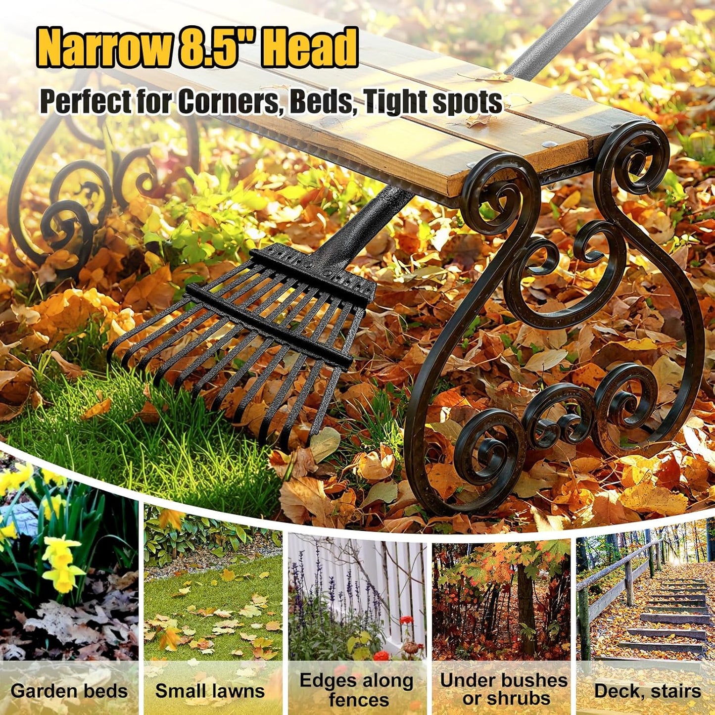 Rake for Leaves: Small Metal Garden Rake, 8.5" Wide, 11 Metal Tines,Heavy Duty Lightweight Kids Leaf Rakes for Small Lawn Yard Shrub,Tight Spot Garden Bed Leaf Debris Picking Cleaning, 60” Long Handle