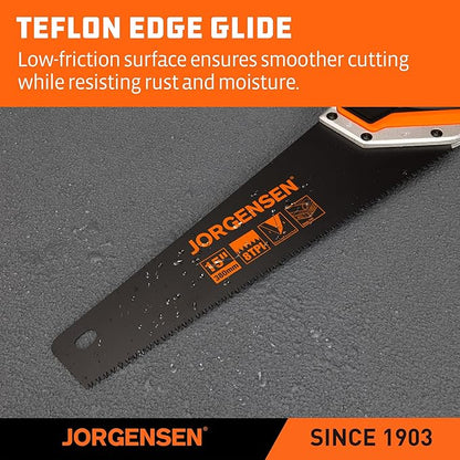 JORGENSEN 15??Hand Saw, Black Coated Coarse Handsaw 8TPI for Wood Cutting, Ergonomic Non-Slip Aluminum Handle for Sawing, Trimming, Gardening, Pruning, PVC