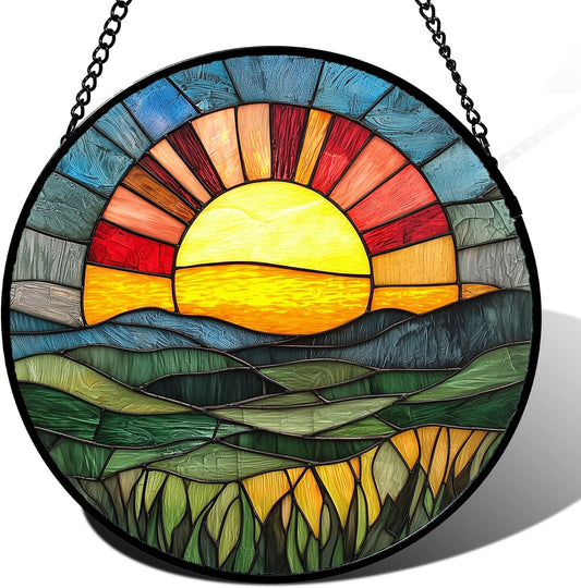 Stained Glass Window Hanging, Golden Red Sun Green Mountain Suncatcher for Window Home Decor Nature