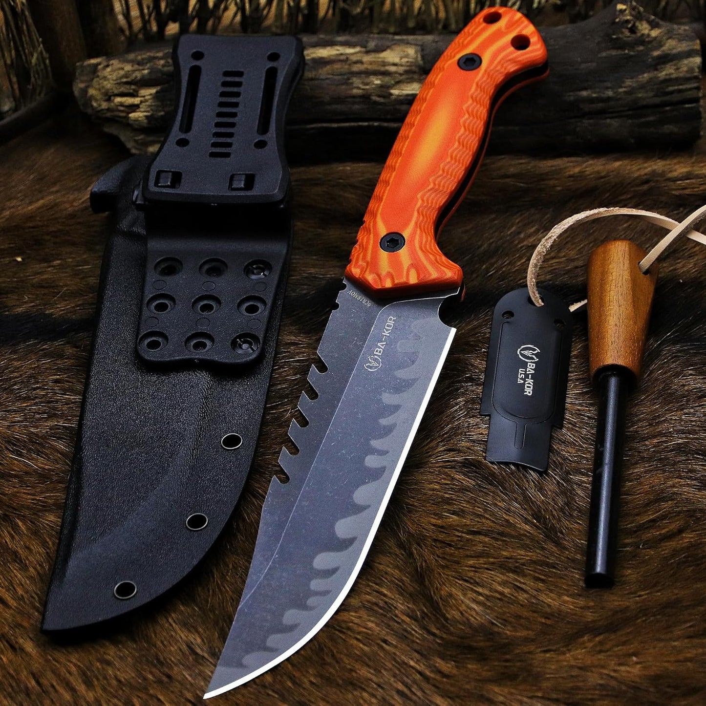 BA-KOR 12.4in Full Tang Fixed Blade Hunting Knife – 6mm 9CR18MoV Steel, G10 Handle, Stonewashed Sawback Blade with Kydex Sheath & Fire Starter for Outdoor, Camping, Survival (Orange with light yellow stripes)